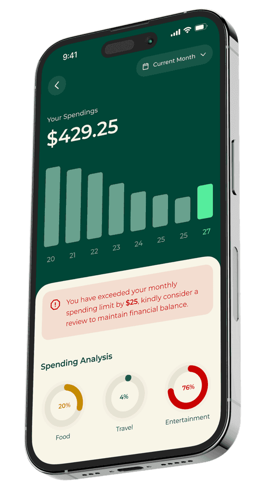 Angled smartphone showing spending analytics chart